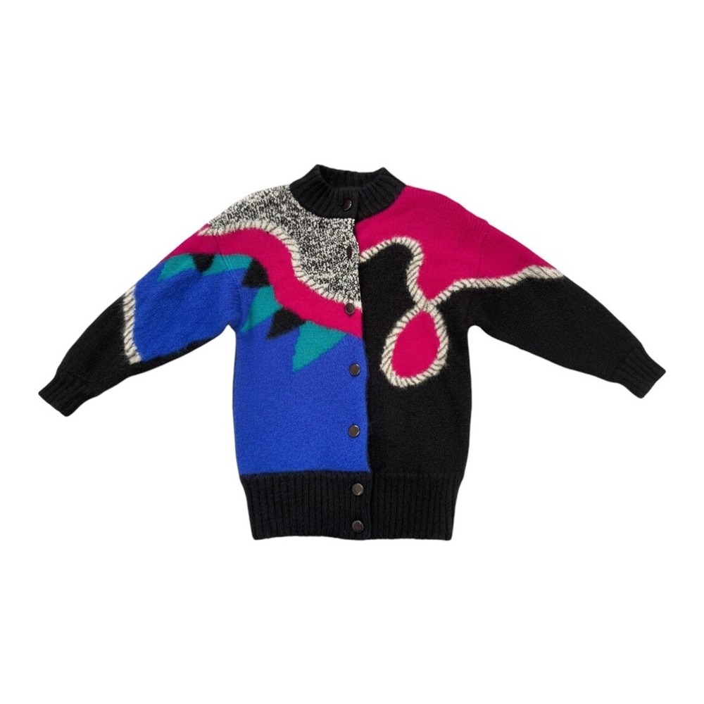 Sincere VTG 80s Abstract Colorblock Mohair Knit Cardigan Sweater Medium Retro